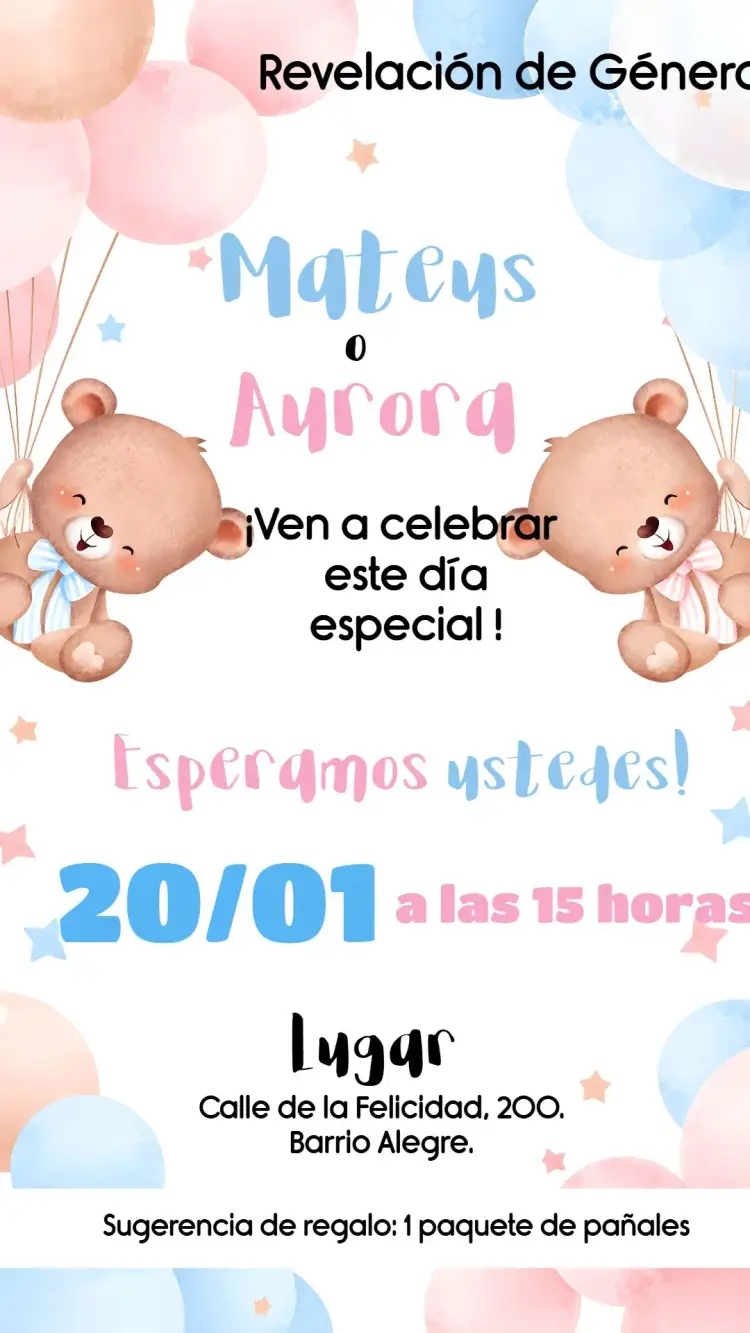 Invitación Chá Revelación Ositos Globos - Rosa y Azul Niño