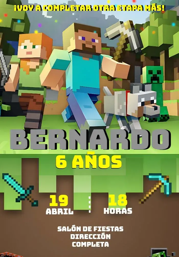 Invitación Minecraft Verde editable y personalizable