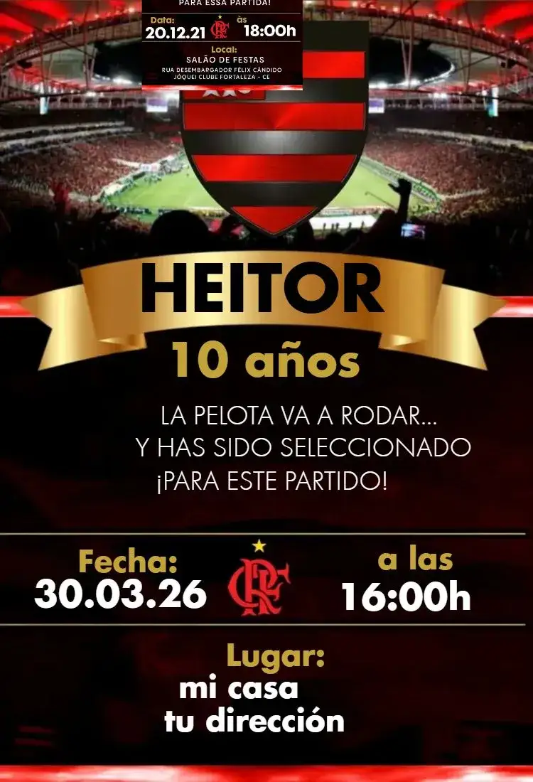 Invitación Flamengo 6 – tema Cumpleaños rojo y negro, fútbol, moderno, juvenil, animado