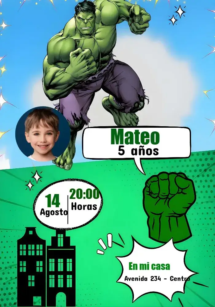 Invitación Hulk Con Foto Marvel