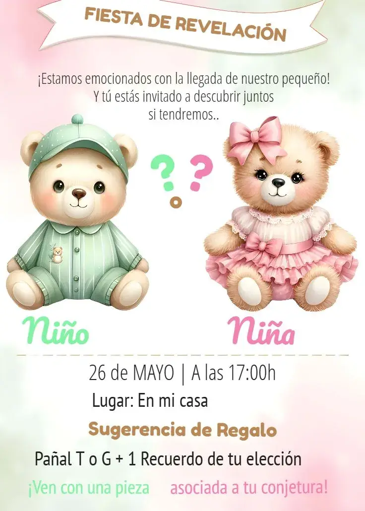 Invitación Revelación de Género Ositos Rosa