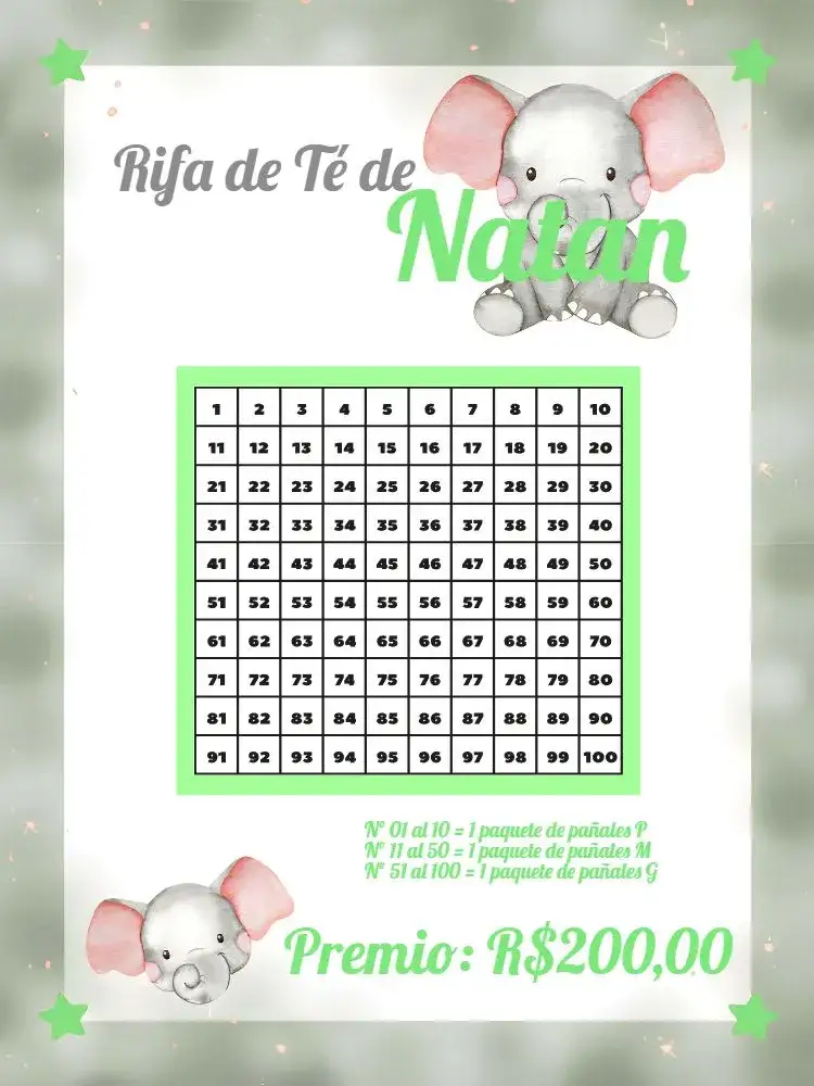 Invitación Té Elefantito Pañal Rifa – tema Té Rifa verde y blanco, tierno, lúdico, infantil, moderno, divertido