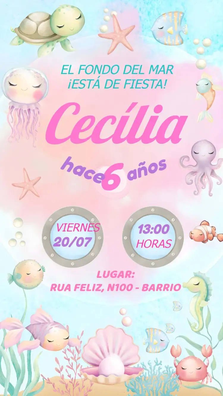 Invitación Fondo Del Mar Niña Tortuga – tema Cumpleaños Infantil acuarela, marino, colores suaves, tropical, lúdico, femenino