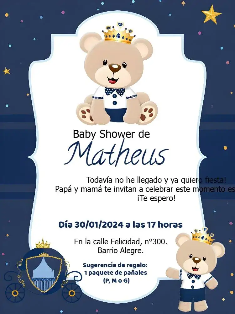 Invitación Baby Shower Príncipe Oso – tema Más buscados azul, oso de peluche, realeza, fiesta infantil, moderno