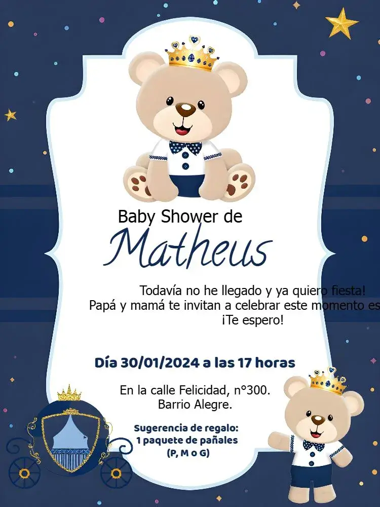 Invitación Baby Shower Príncipe Oso