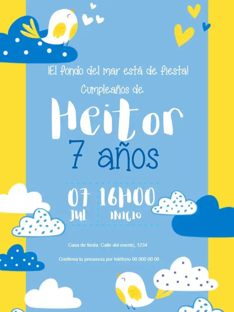 Invitación Pájaros y Nube Infantil – tema Cumpleaños Infantil colorido, lúdico, temas de la naturaleza, divertido, ilustraciones infantiles, temática del cielo