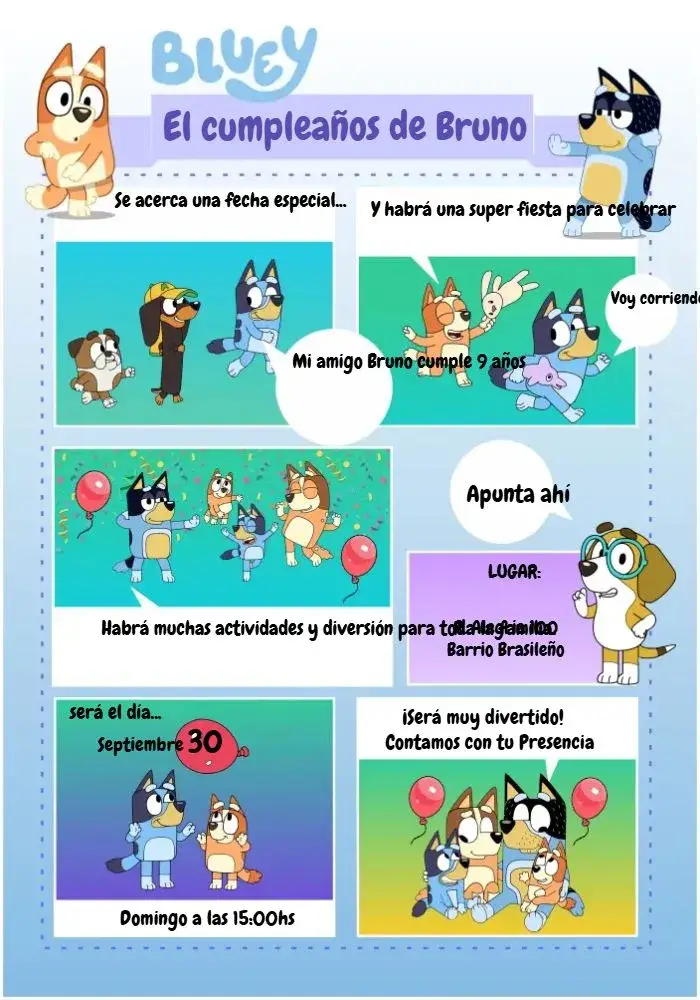 Invitación Bluey Cómics Azul
