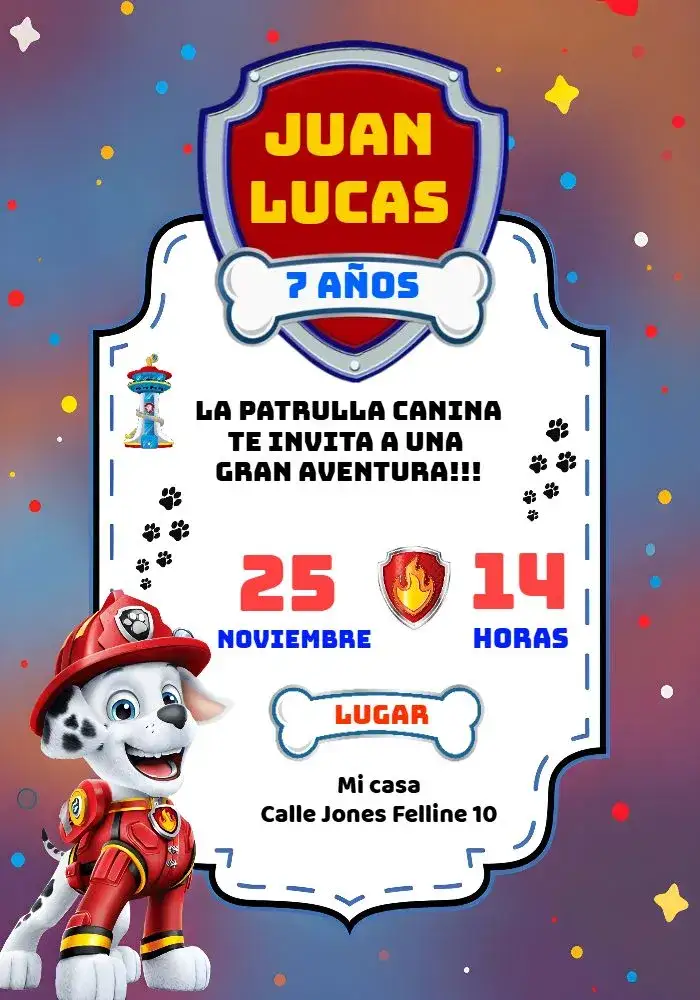 Invitación Patrulla Canina Perro – tema Cumpleaños Infantil colorido, divertido, temático, infantil, vibrante
