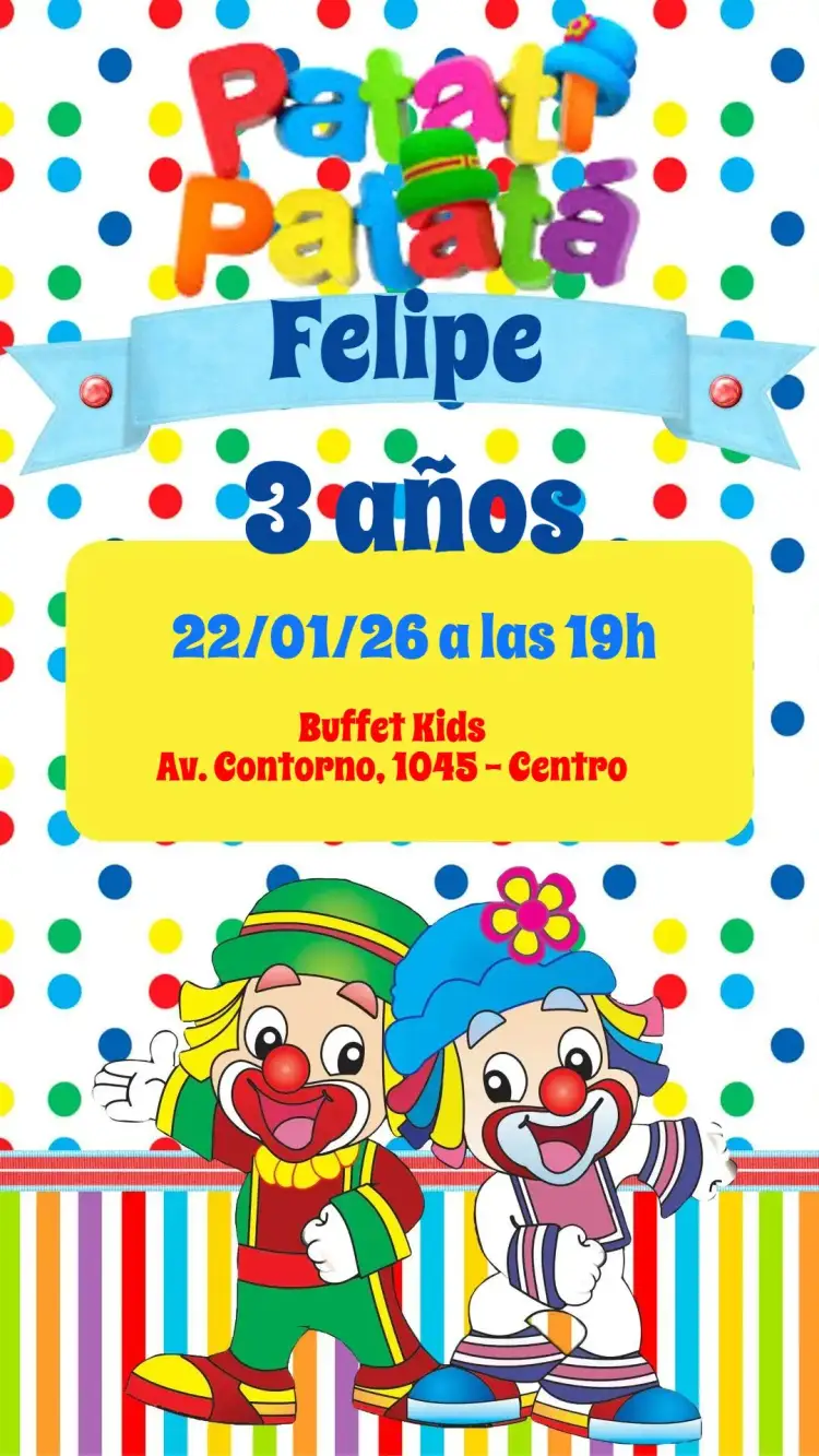 Invitación Patati Patatá – tema Cumpleaños Infantil colorido, divertido, temático, alegre, infantil