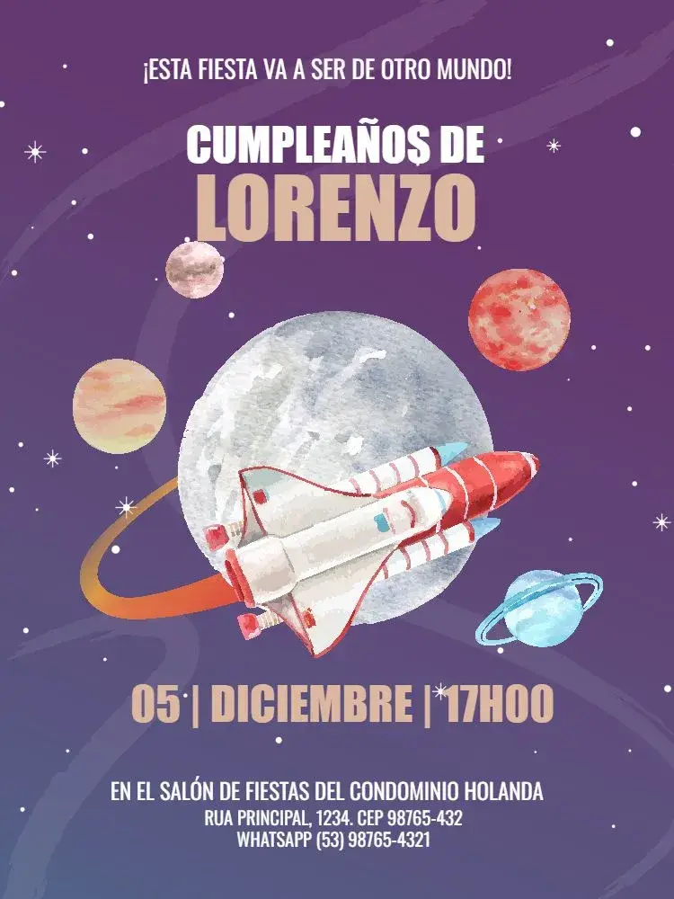 Invitación Infantil Espacio Planetas Cohete