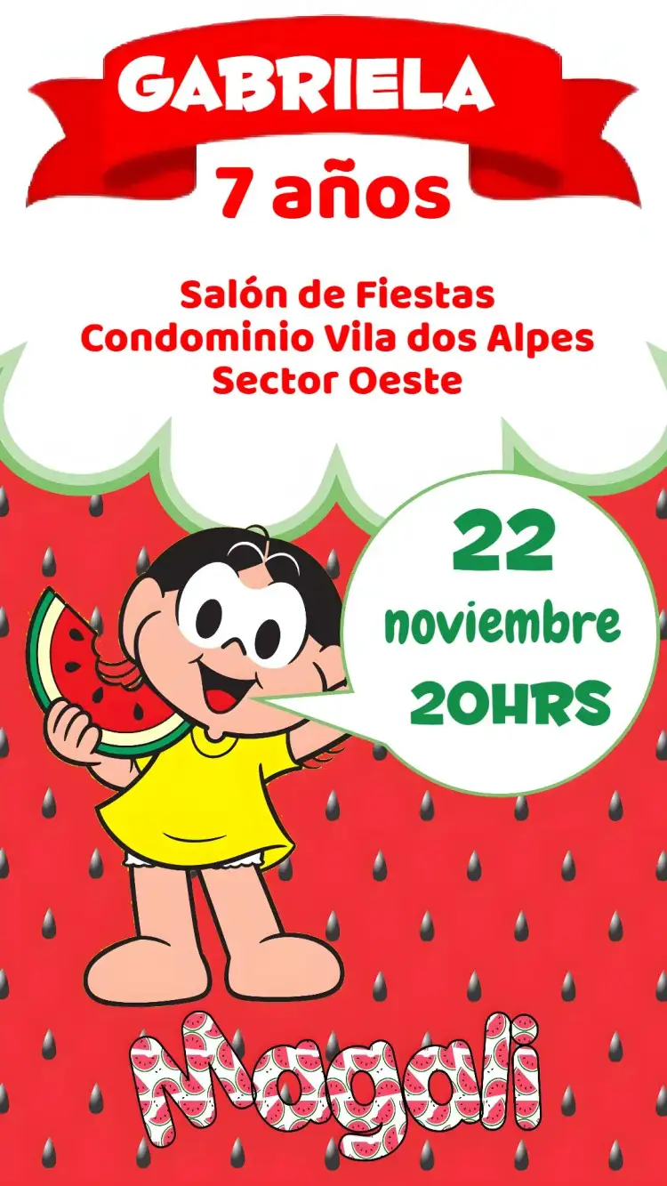 Invitación Magali – tema Cumpleaños Infantil colorido, divertido, lúdico, frutas, infantil, animado