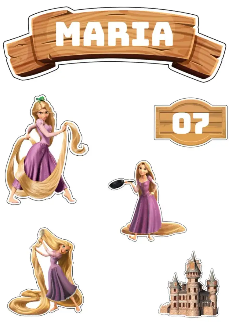 Invitación Topper de Pastel Rapunzel Imprimible – tema Topper de torta princesa, mágico, aventura, colorido, infantil
