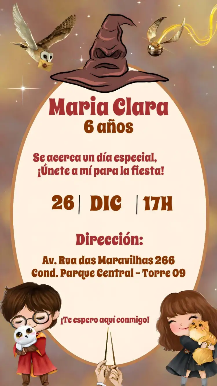 Invitación Harry Potter Infantil – tema Cumpleaños Infantil mágico, fantasía, colorido, aventura, temático