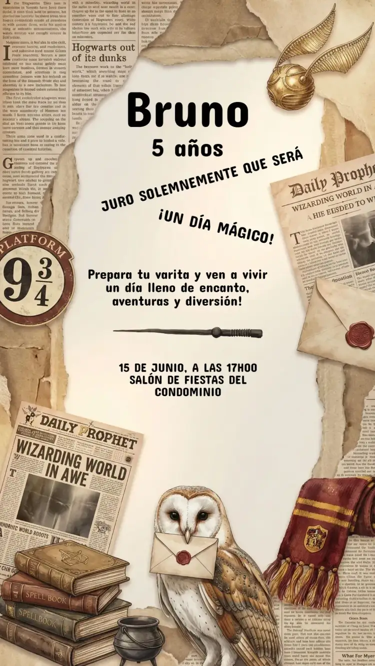 Invitación Invitación Cumpleaños Harry Potter – tema Cumpleaños Infantil mágico, brujo, aventura, colorido, fantasía, ilustraciones encantadoras