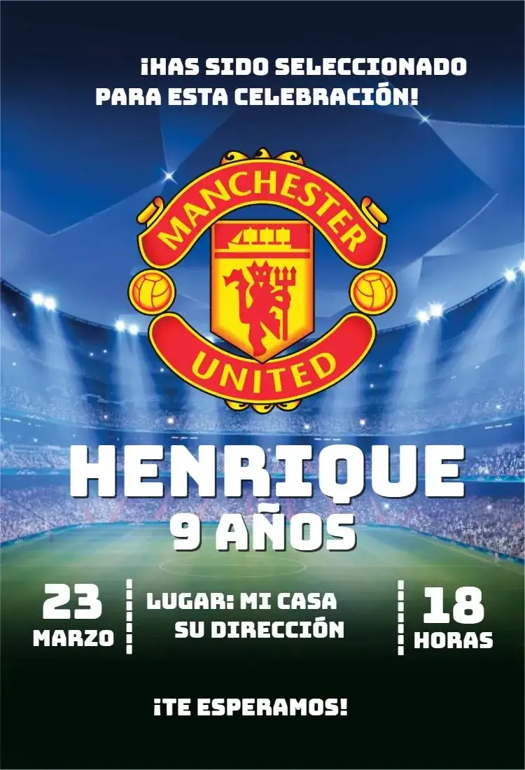 Invitación Manchester United 2 – tema Cumpleaños deportivo, vibrante, moderno, colorido, dinámico