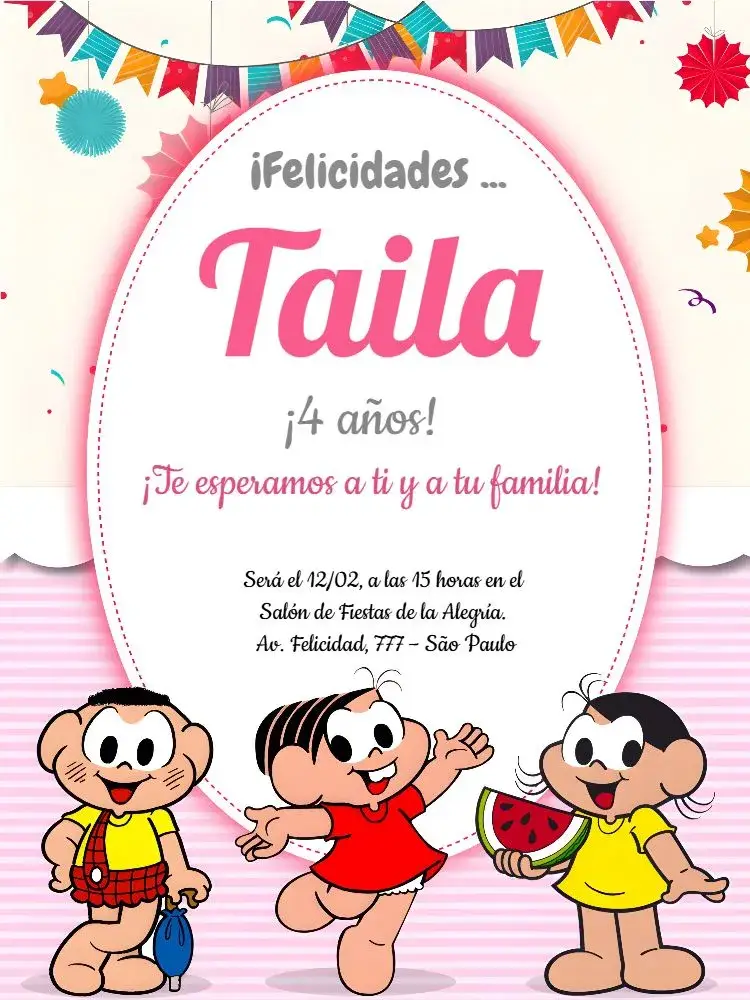 Invitación Turma Da Mónica Cascão editable y personalizable