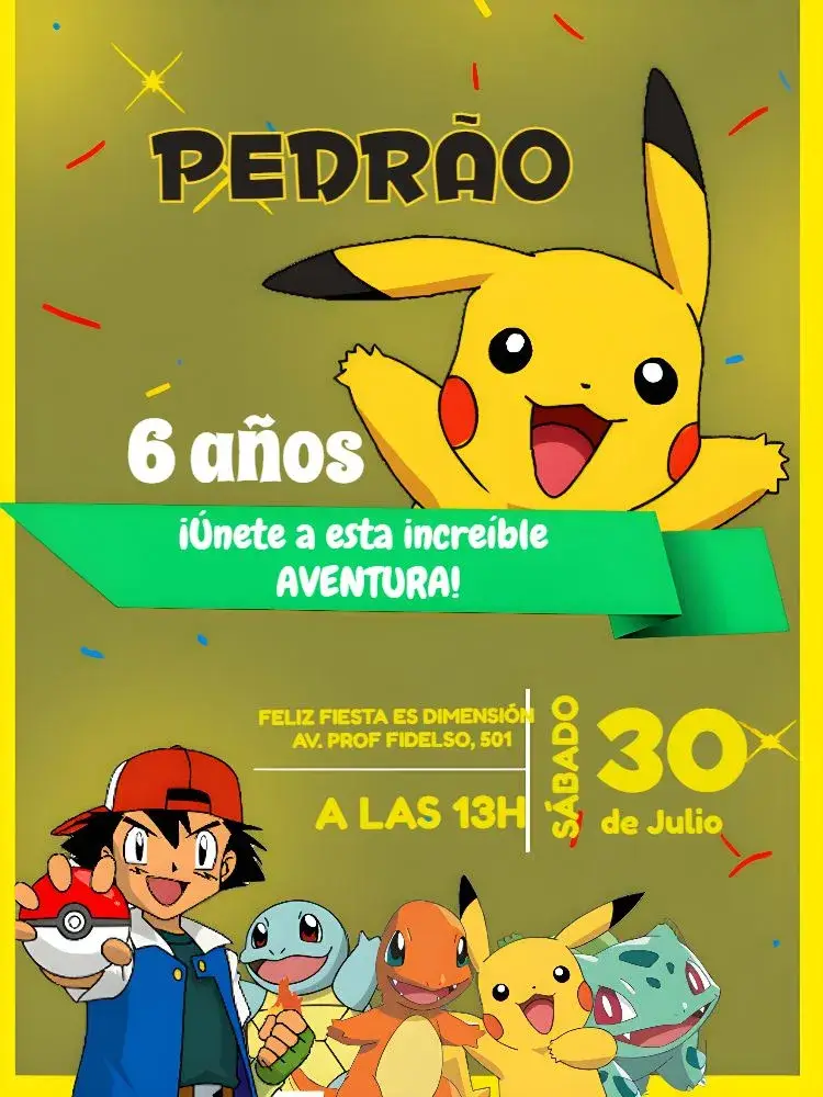 Invitación Pikachu Dibujo editable y personalizable