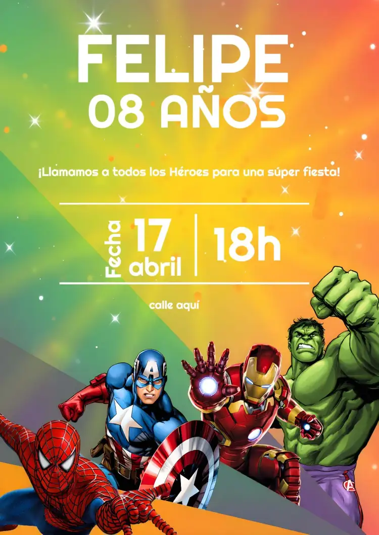 Invitación Vengadores Marvel – tema Más buscados colorido, heroico, dinámico, moderno, divertido