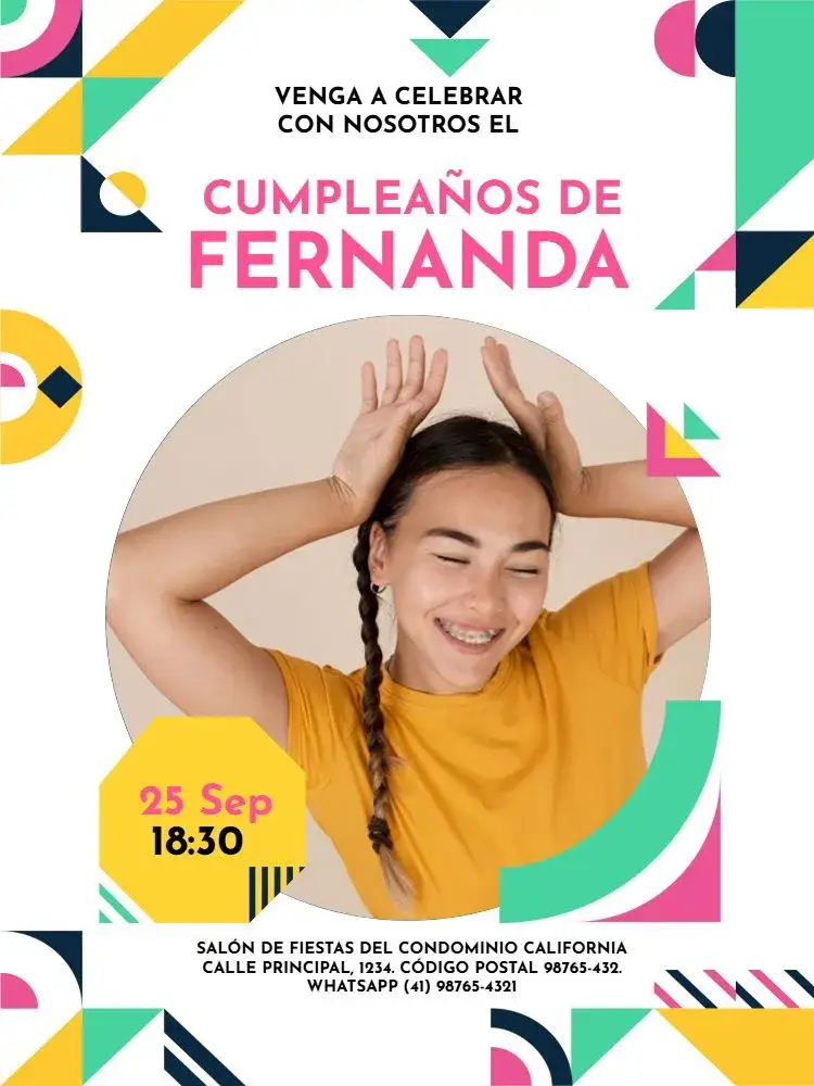 Invitación S Con Foto Joven Femenino Geométrico Celebración – tema Cumpleaños Infantil geométrico, moderno, colorido, joven, femenino