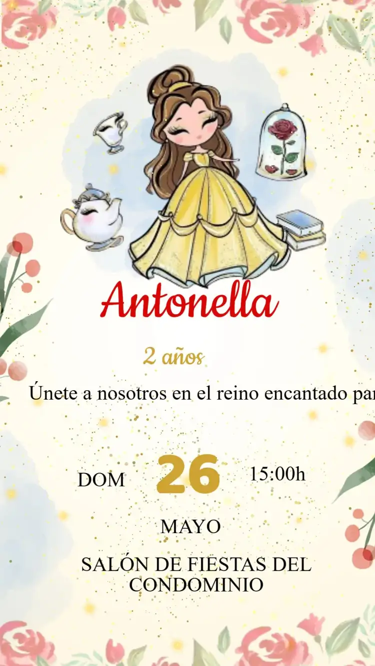 Invitación Invitación Cumpleaños La Bella y la Bestia – tema Cumpleaños Infantil romántico, mágico, colorido, clásico, infantil, encantado
