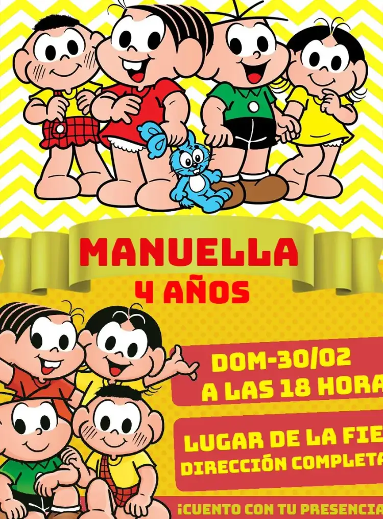 Invitación Turma Da Monica Cebolinha – tema Cumpleaños Infantil colorido, divertido, ilustraciones infantiles, personajes clásicos, estilo de dibujos animados