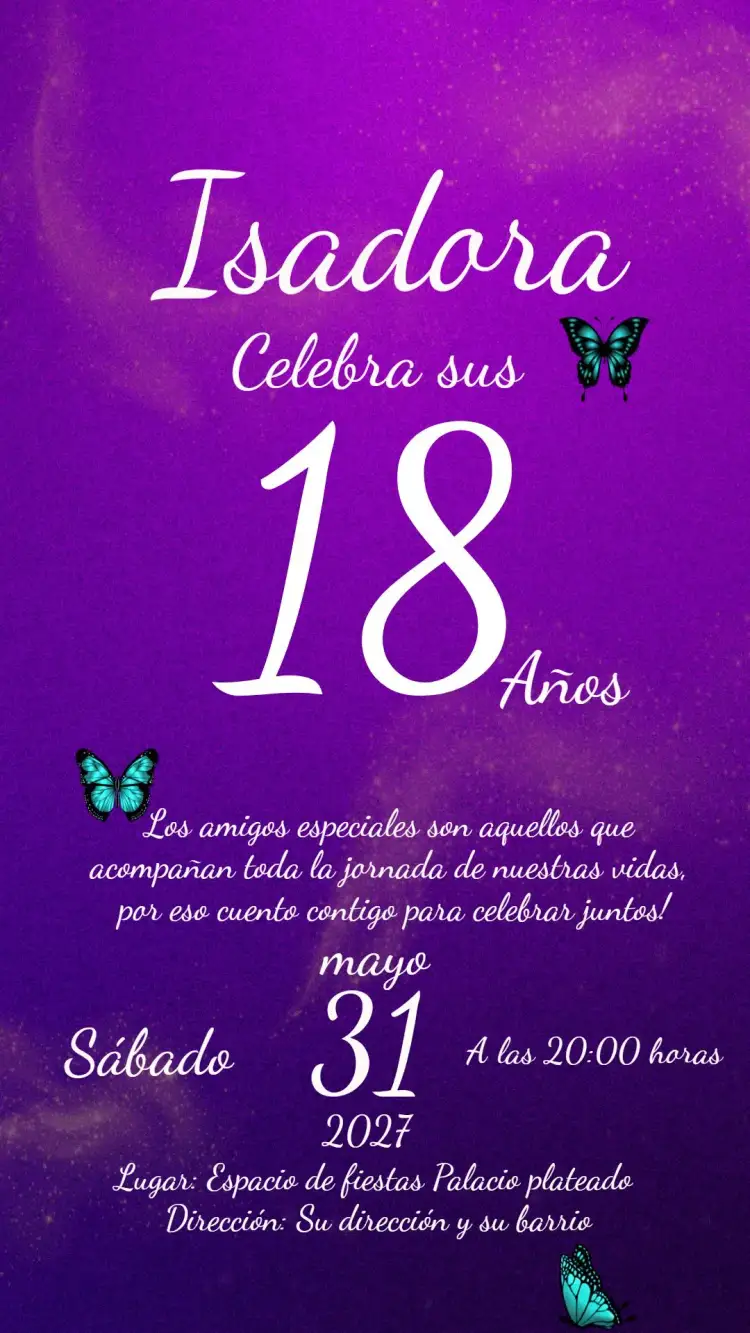 Invitación 15 Años Glitter – tema 15 años purpurina, morado, lila, mariposas, fiesta moderna, elegante