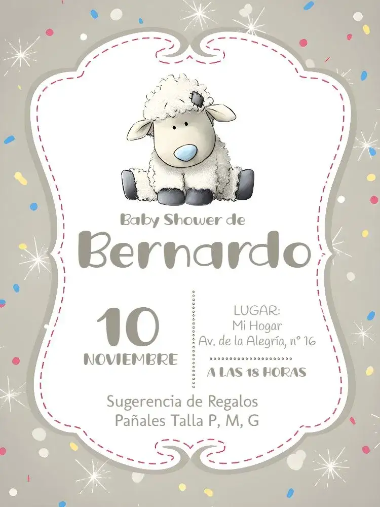Invitación Baby Shower Ovejita Azul – tema Baby Shower azul claro, gris suave, blanco clásico, diseño infantil, elementos gráficos de ovejitas, puntos decorativos
