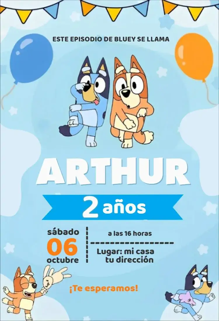 Invitación Invitación Bluey Niño Globos – tema Cumpleaños Infantil divertido, colorido, infantil, temático, animado