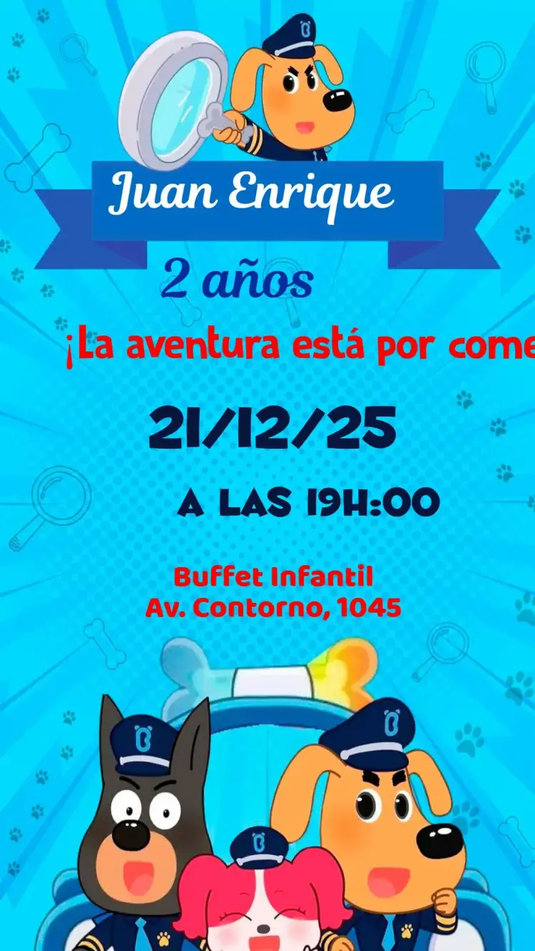 Invitación Detective Labrador – tema Cumpleaños Infantil colorido, divertido, infantil, ilustraciones adorables, tema de detective
