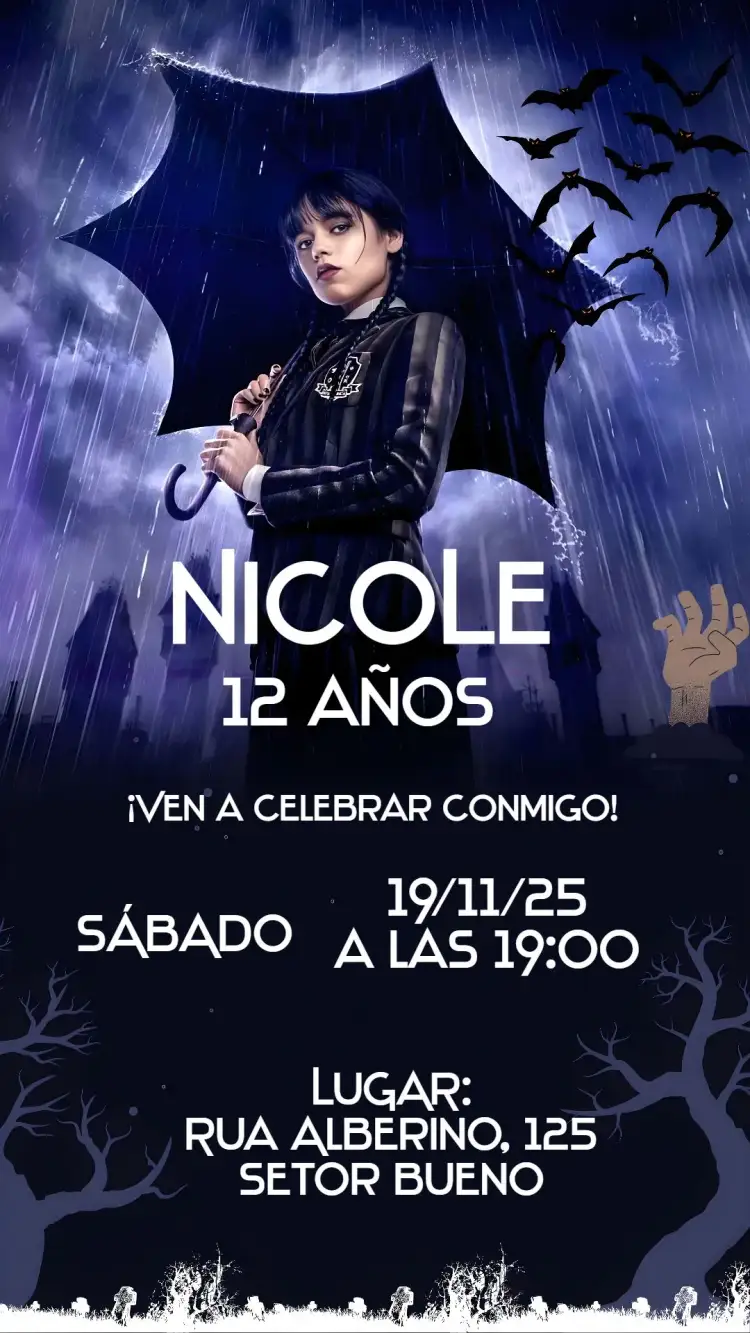 Invitación Wandinha – tema Cumpleaños mágico, misterioso, vibrante, fantasía, ilustraciones encantadoras