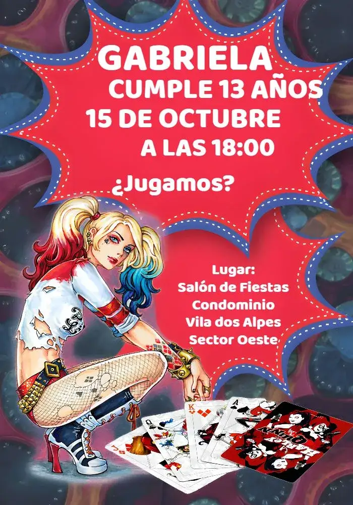 Invitación Arlequina Negro – tema Cumpleaños Infantil colores vibrantes, estilo divertido, personaje icónico, diseño moderno, elementos gráficos de naipes