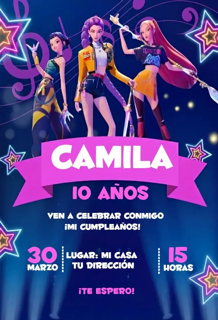 Invitación Guerreras del Kpop 15 – tema Cumpleaños colorido, moderno, temático, divertido, jovial