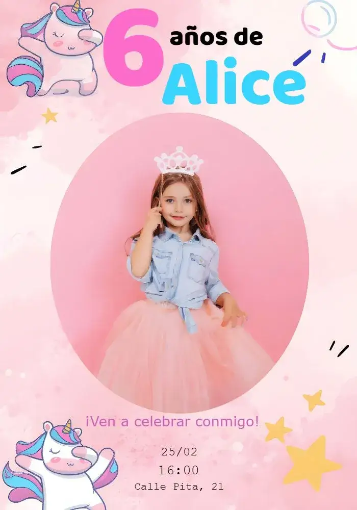 Invitación Unicornio Con Foto Familiares – tema Fechas Conmemorativas unicornio, colores pasteles, estilo lúdico, elementos gráficos divertidos, tema mágico, inspirado en cuentos de hadas