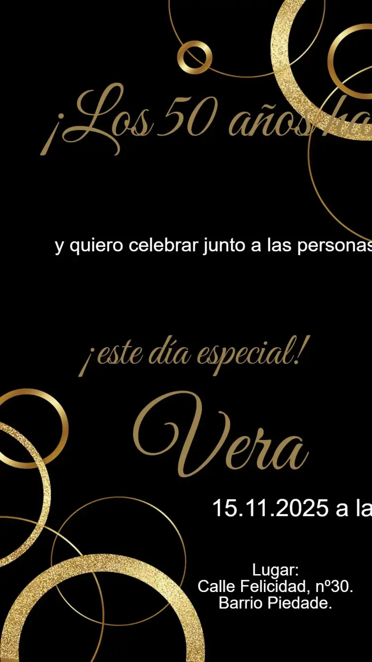 Invitación Cumpleaños Negro y Dorado 50 años editable y personalizable