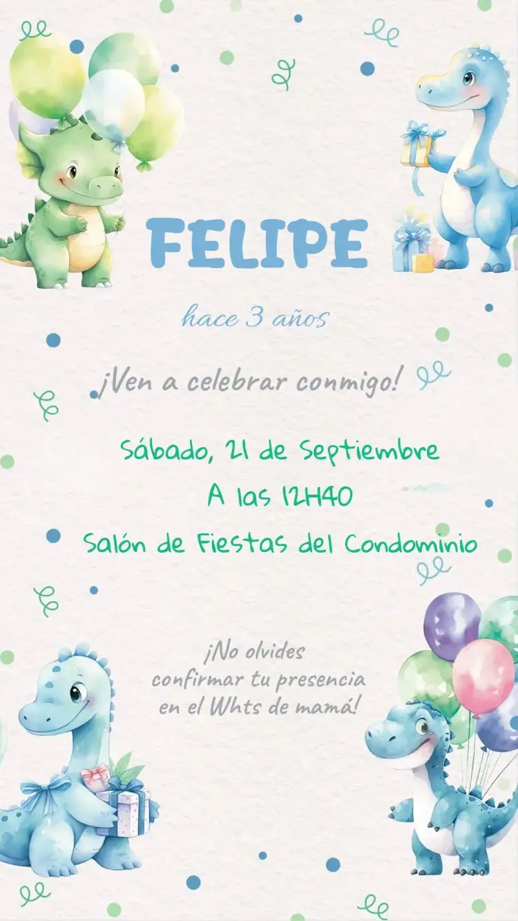 Invitación Invitación Cumpleaños Dino Baby – tema Cumpleaños Infantil acuarela, colorido, lúdico, moderno, animado, infantil