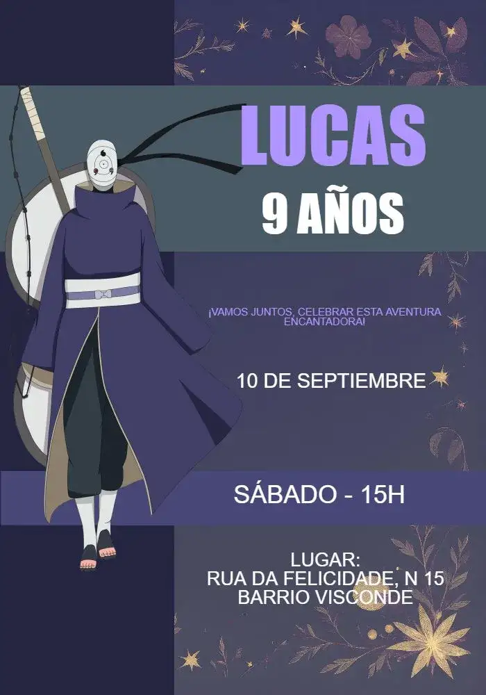 Invitación Obito Uzumaki – tema Cumpleaños Infantil anime, moderno, púrpura, gris oscuro, temático, divertido