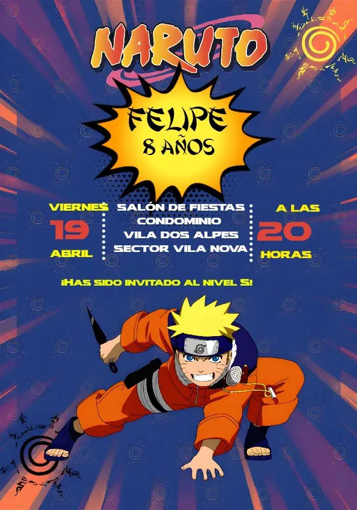 Invitación Naruto Azul editable y personalizable