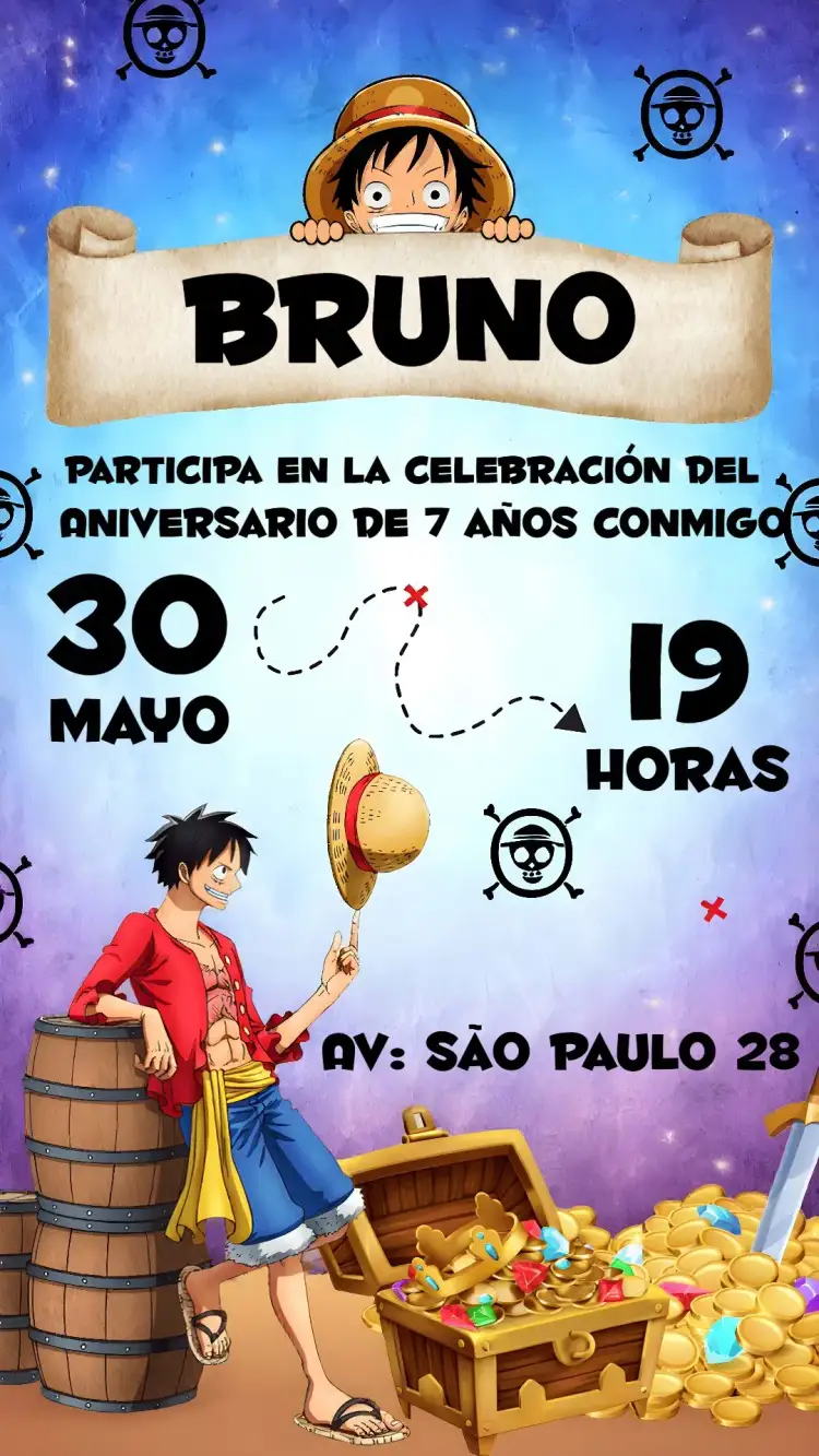 Invitación One Piece Luffy – tema Más buscados colorido, animado, pirata, jovial, aventura, temática anime