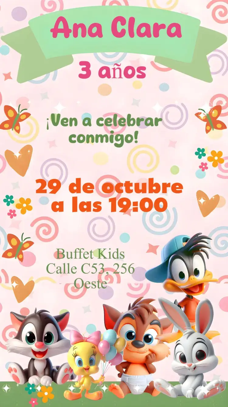 Invitación Looney Tunes – tema Cumpleaños Infantil infantil, caricatura, naturaleza