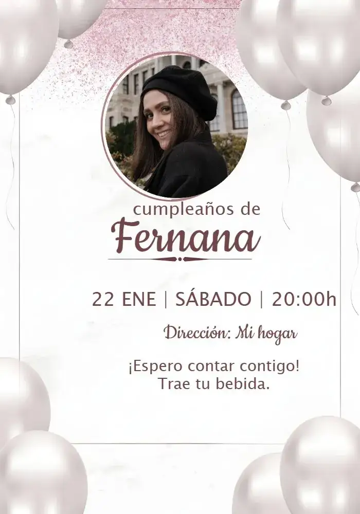 Invitación Rosado Adulto Con Foto Globo – tema Cumpleaños rosa, plateado, brillantina, globos, moderno