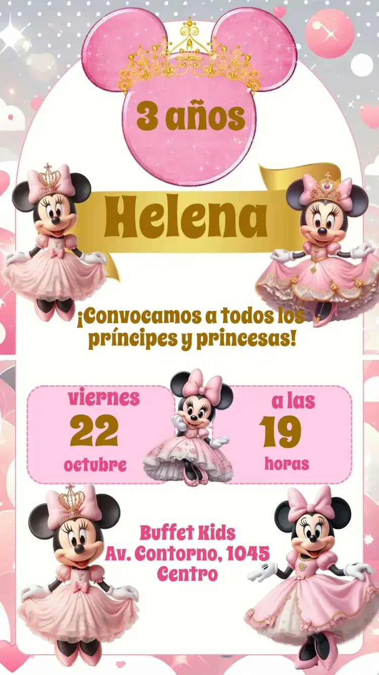 Invitación Minnie Realeza – tema Cumpleaños Infantil colores pastel, estilo de dibujos animados, elementos de realeza, diseño divertido, inspirado en Disney, toque mágico