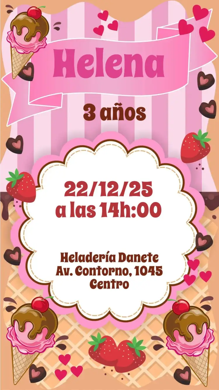 Invitación Fiesta del Helado – tema Cumpleaños colorido, divertido, infantil, pastel, temático