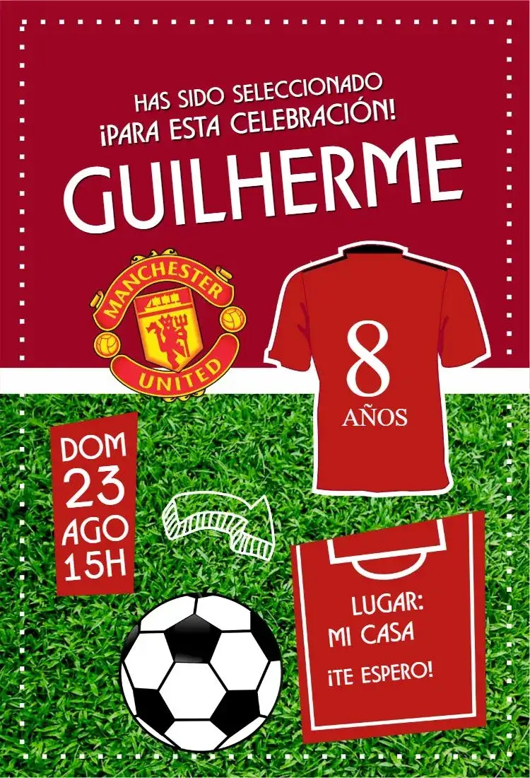 Invitación Camiseta Manchester United – tema Cumpleaños fútbol, moderno, vibrante, deportivo, dinámico