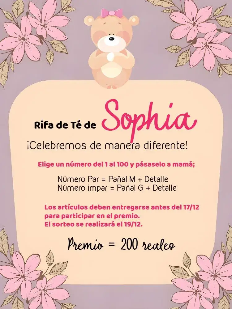 Invitación Recordatorio De Té Rifa Osita Princesa Idea – tema Té Rifa floral, rosa, lilas, princesa, infantil, delicado