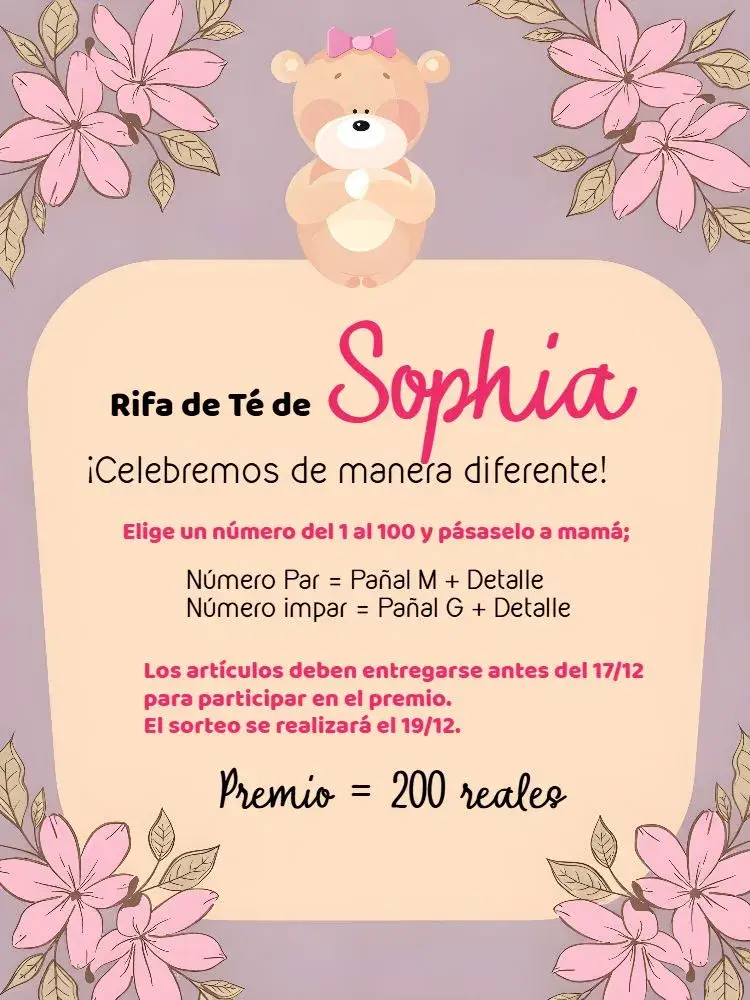 Invitación Recordatorio De Té Rifa Osita Princesa Idea