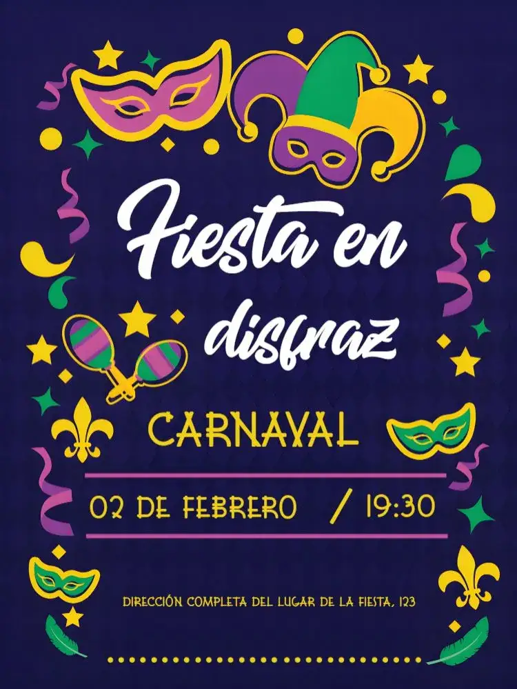 Invitación Carnaval Máscaras – tema Fechas Conmemorativas colorido, vibrante, elegante, divertido, moderno, festivo