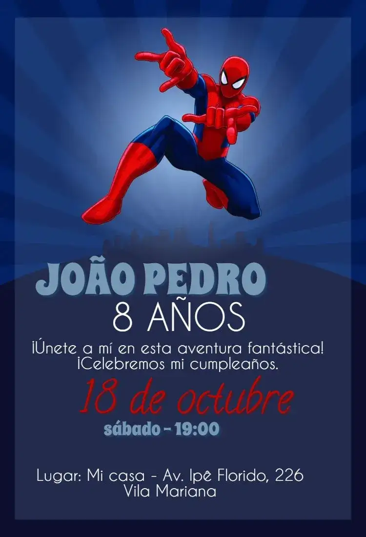 Invitación Hombre araña – tema Cumpleaños Infantil temática de superhéroes, colores vibrantes, ilustraciones dinámicas, estilo moderno, elementos del Spider-Verse, diseño divertido