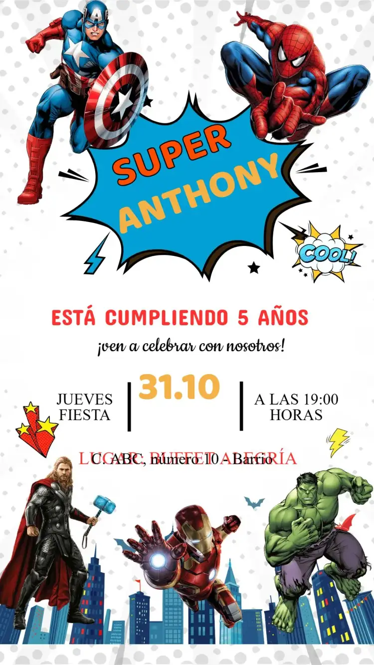 Invitación Invitación Cumpleaños Vengadores – tema Cumpleaños Infantil colorido, superhéroes, moderno, animado, dinámico, divertido