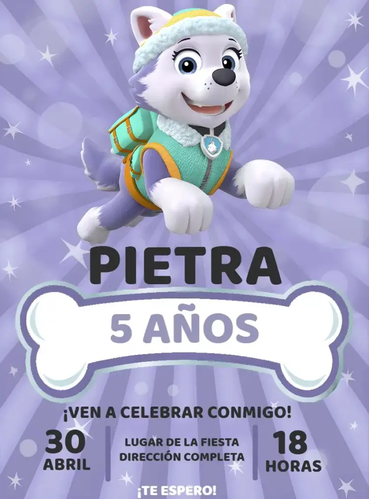 Invitación Patrulla Canina Everest Rojo – tema Cumpleaños Infantil rojo, gris, infantil, divertido, temático, aventura