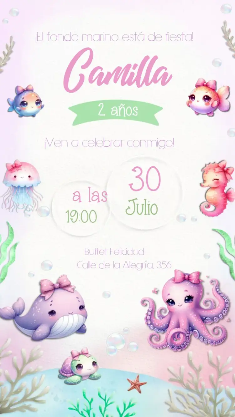 Invitación Fondo Del Mar Rosa – tema Cumpleaños Infantil acuarela, marino, delicado, rosa, infantil, colorido
